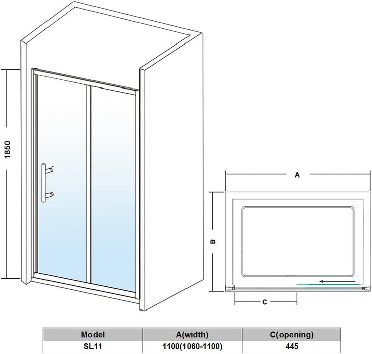 ELEGANT 1100mm Sliding Shower Enclosure for Wetroom Cubicle in 6mm Safety Glass Screen Shower Door