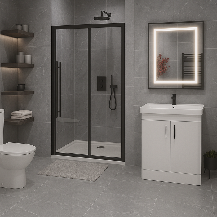 Bathroom Suite Package – Shower Enclosure, WC, Vanity Unit, Taps, Shower Tray, Mirror, Towel Rail & Tiles
